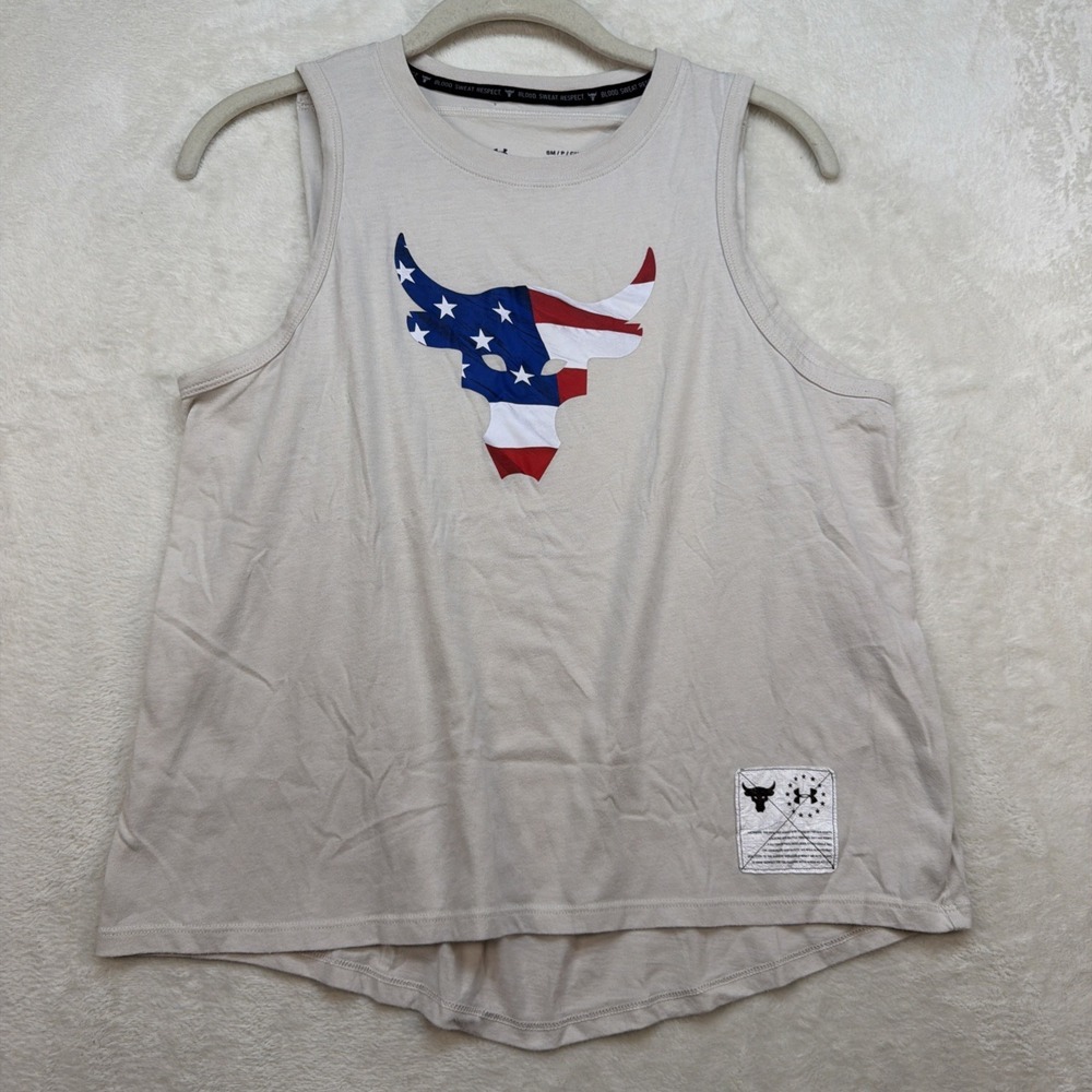 Under Armour Project Rock Tank Top Womens Small USA Flag Bull Graphic Gym